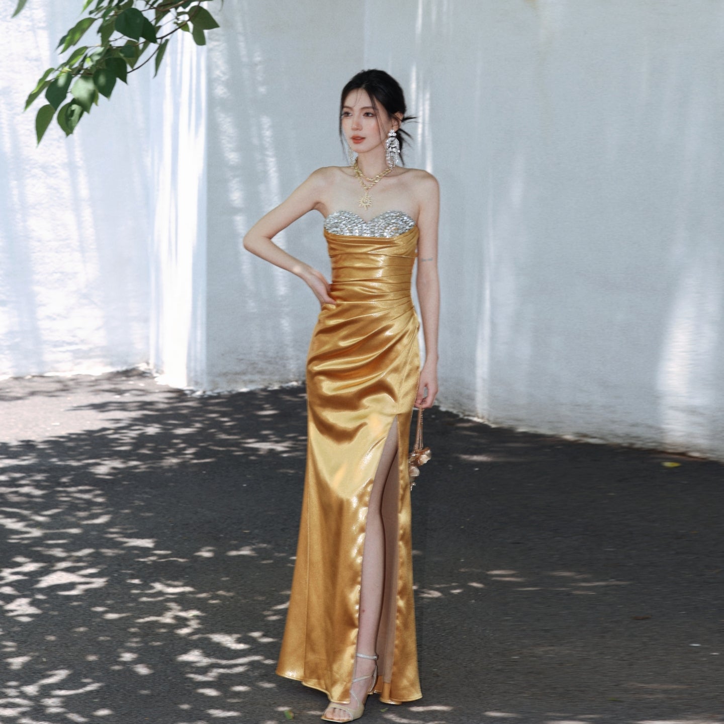 Golden Athena Luxurious Strapless Dress with Pleated Waist Party Gown Y114