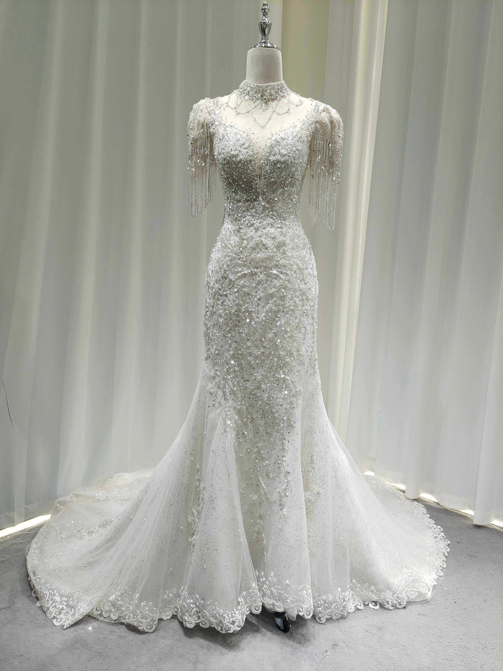 Twinklegowns Luxury Beaded Mermaid Wedding Dress with Crystal Fringe Sleeves SL150