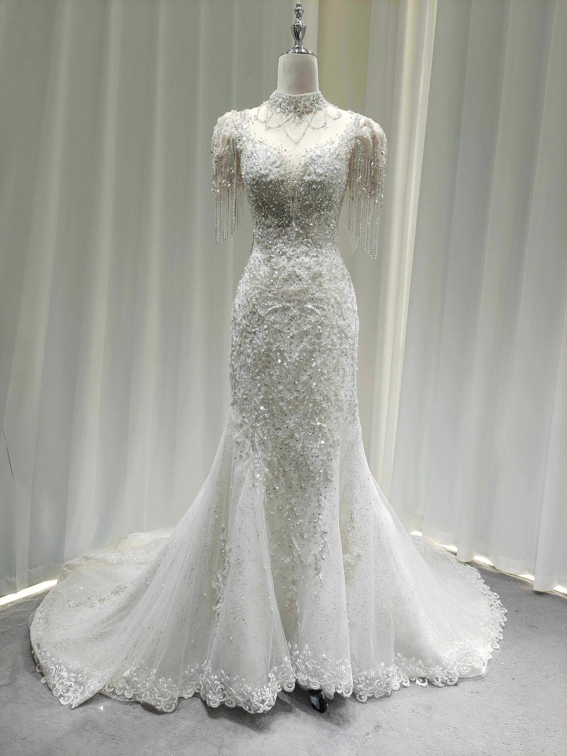 Twinklegowns Luxury Beaded Mermaid Wedding Dress with Crystal Fringe Sleeves SL150