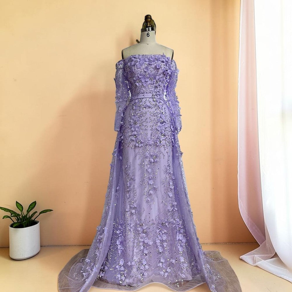 Elegent White Off-Shoulder 3D Floral Evening Gown with Sheer Sleeves SL200