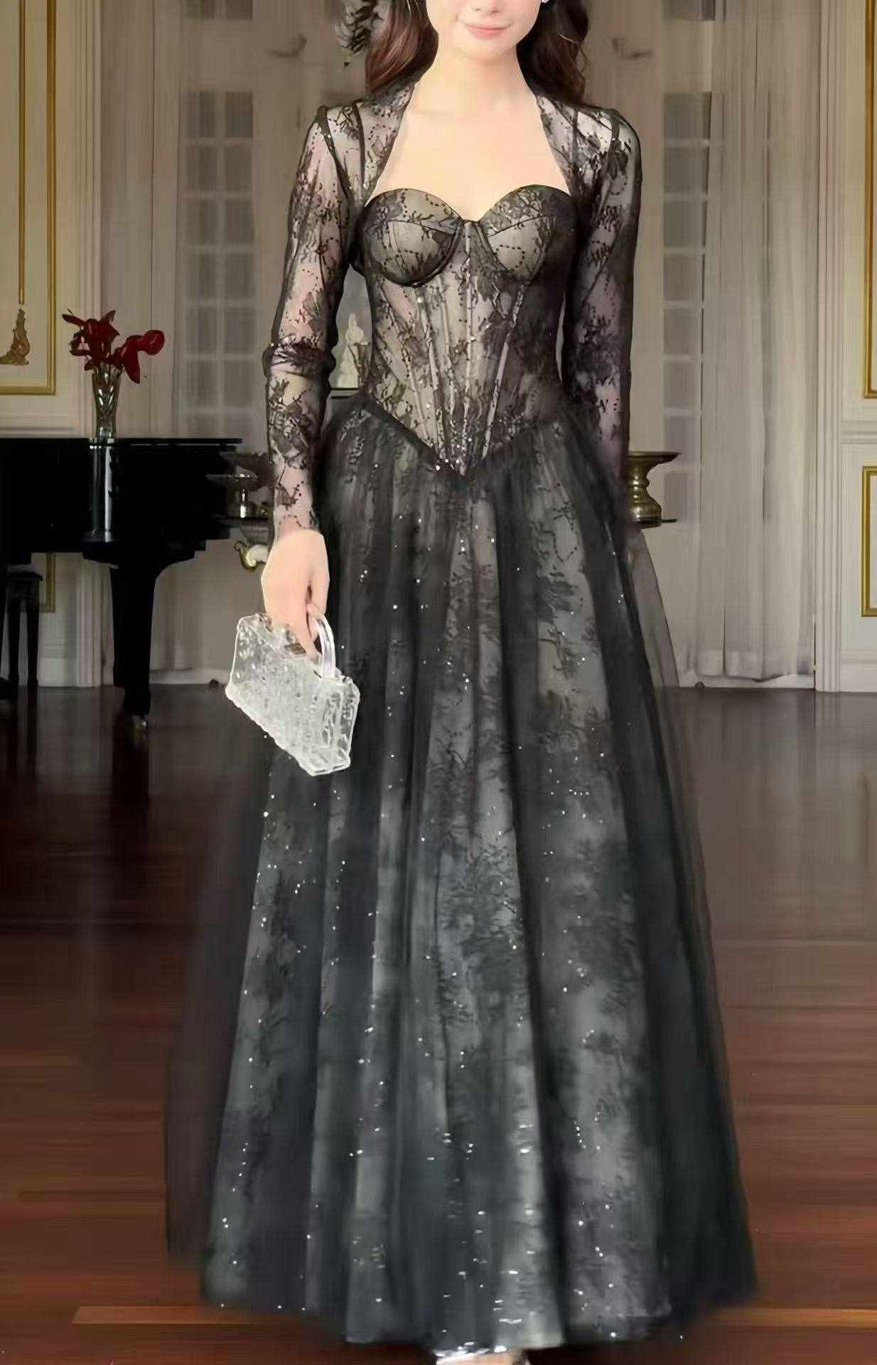 Luxury Lace A-line long sleeve evening gown SY136