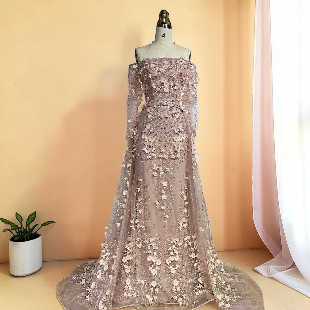 Elegent White Off-Shoulder 3D Floral Evening Gown with Sheer Sleeves SL200