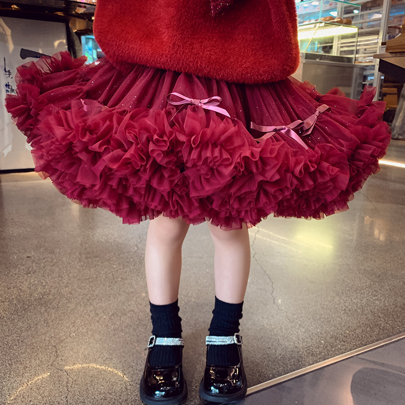 Little Princess Sparkling Red Two Piece Knit Top and Voluminous Tulle Skirt for Chrismas