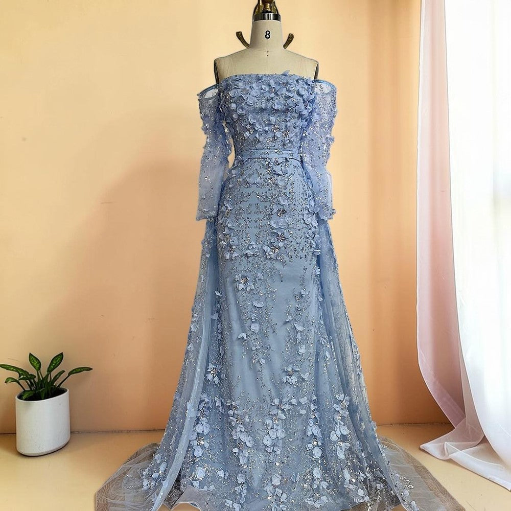 Elegent White Off-Shoulder 3D Floral Evening Gown with Sheer Sleeves SL200