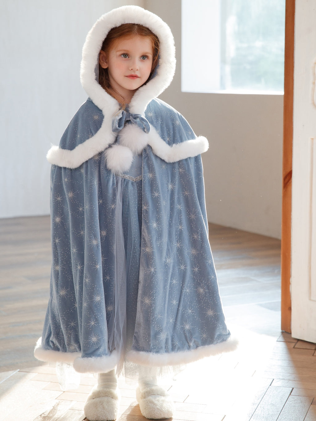 Girls' Winter Elsa Princess Dress with Cape Christmas Frozen-Themed Birthday Party Dress