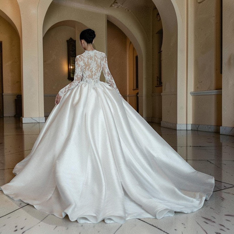 Elegant High-Neck Lace Satin Ball Gown Wedding Dress QD214