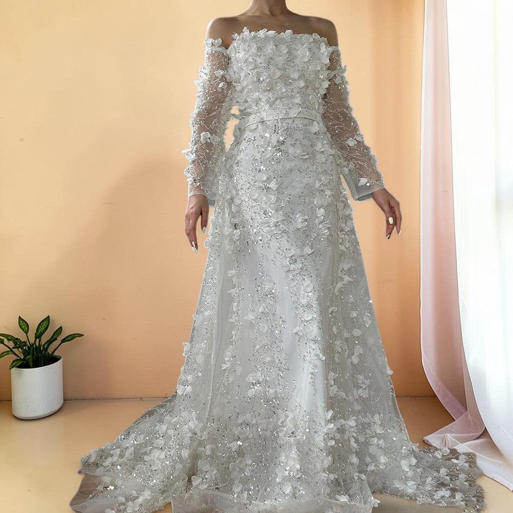 Elegent White Off-Shoulder 3D Floral Evening Gown with Sheer Sleeves SL200