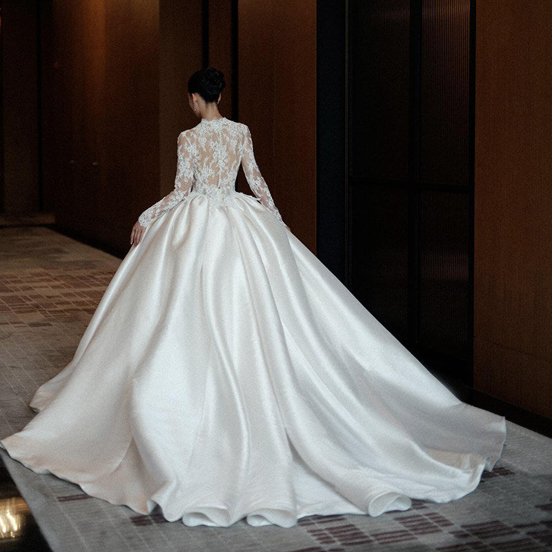 Elegant High-Neck Lace Satin Ball Gown Wedding Dress QD214
