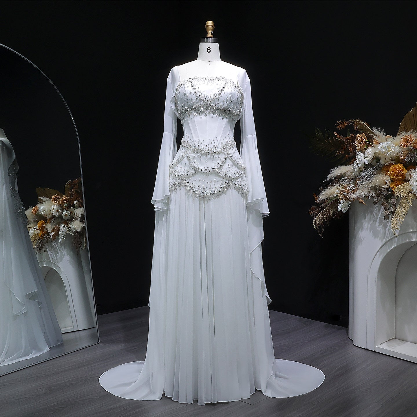Blue Strapless Beaded Corset Gown with Sheer Cape Sleeves SL188