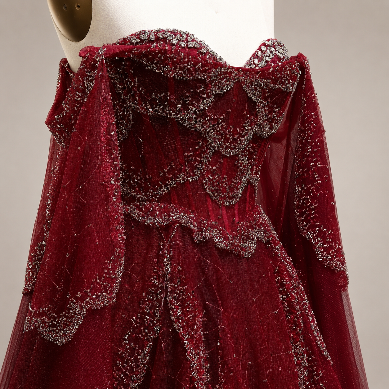 Elegant Burgundy Off-Shoulder Beaded Cape Ball Gown Evening Dress SL121
