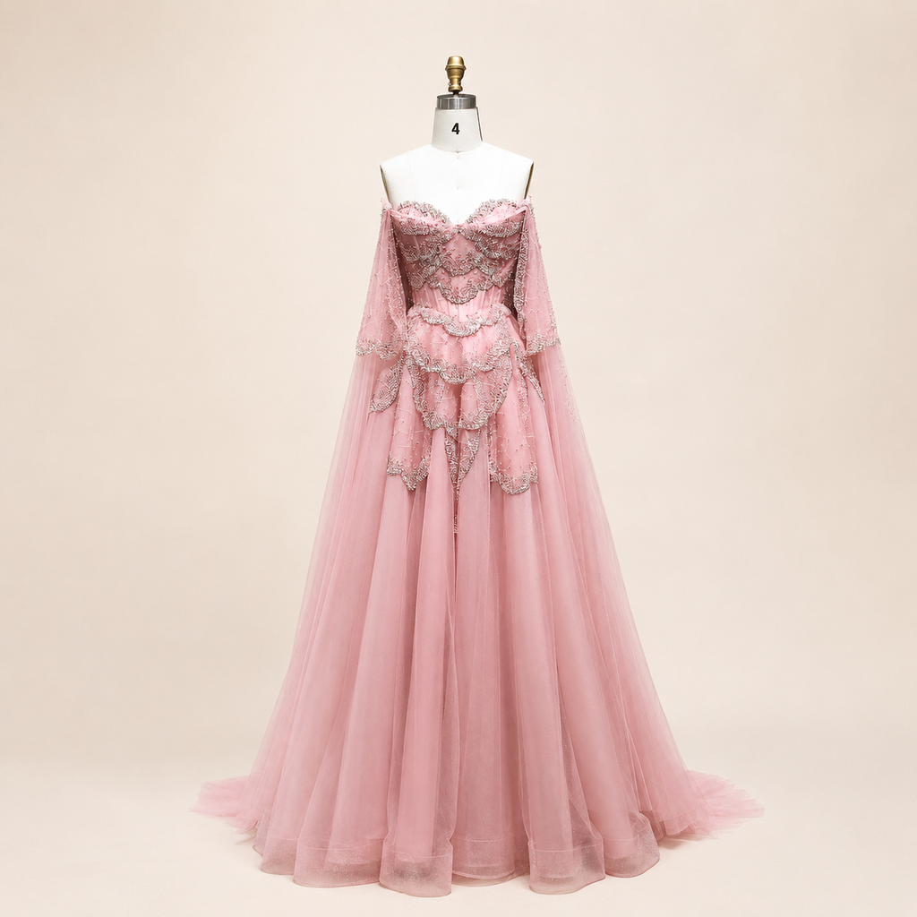 Elegant Burgundy Off-Shoulder Beaded Cape Ball Gown Evening Dress SL121
