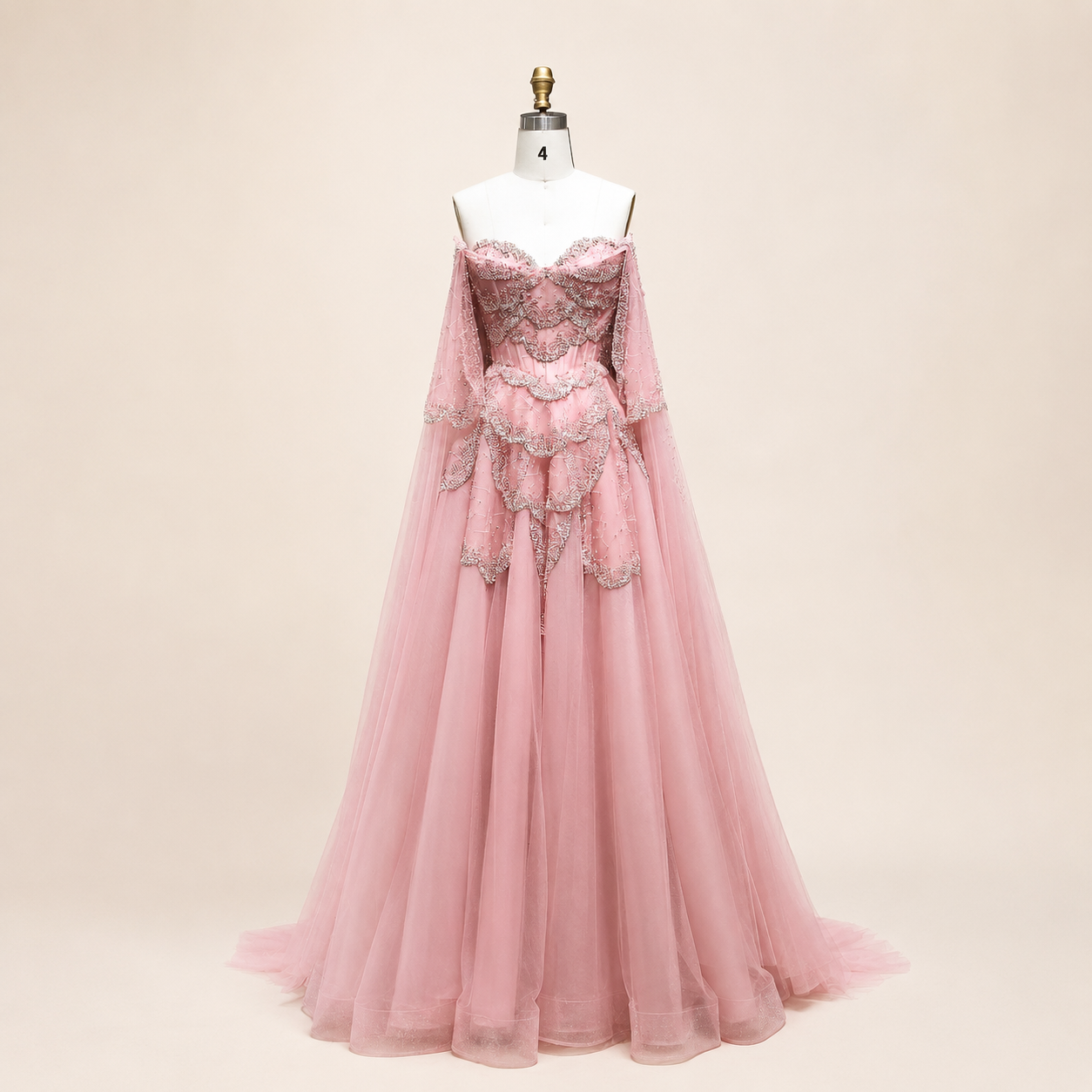 Elegant Burgundy Off-Shoulder Beaded Cape Ball Gown Evening Dress SL121