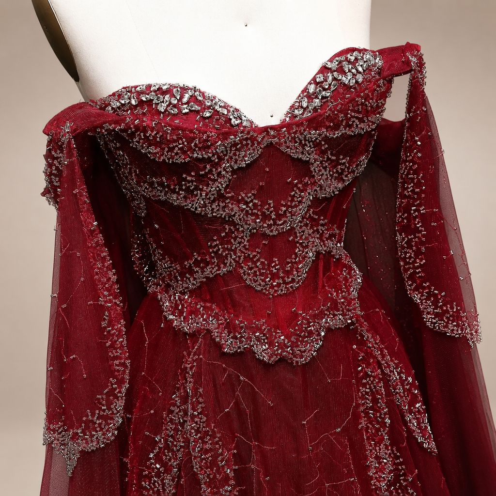 Elegant Burgundy Off-Shoulder Beaded Cape Ball Gown Evening Dress SL121