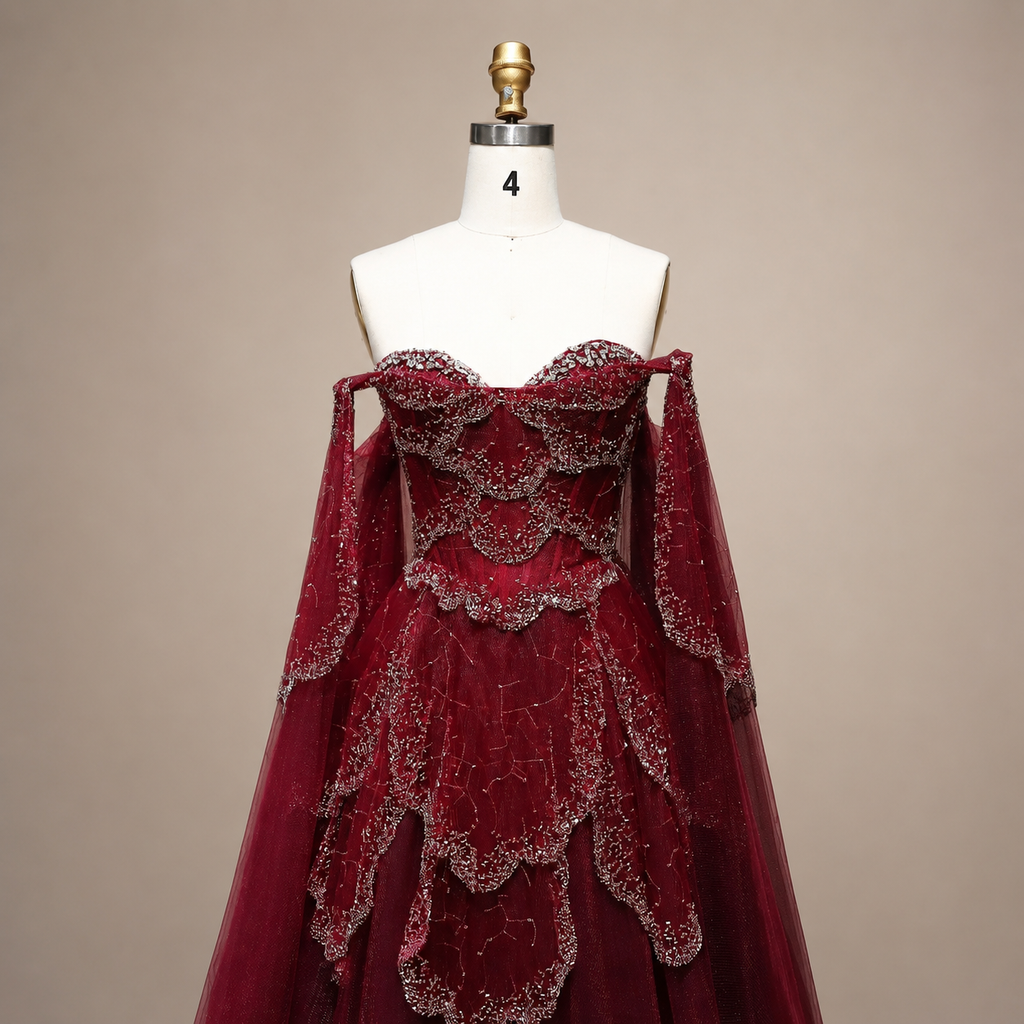 Elegant Burgundy Off-Shoulder Beaded Cape Ball Gown Evening Dress SL121
