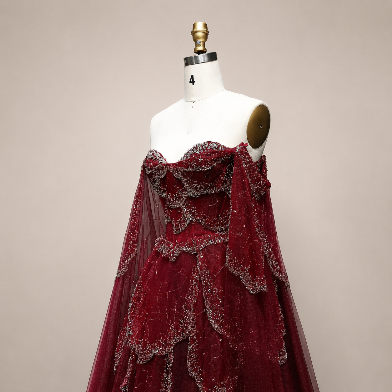 Elegant Burgundy Off-Shoulder Beaded Cape Ball Gown Evening Dress SL121