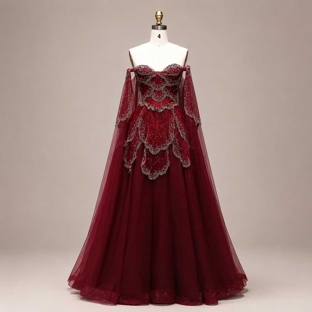 Elegant Burgundy Off-Shoulder Beaded Cape Ball Gown Evening Dress SL121