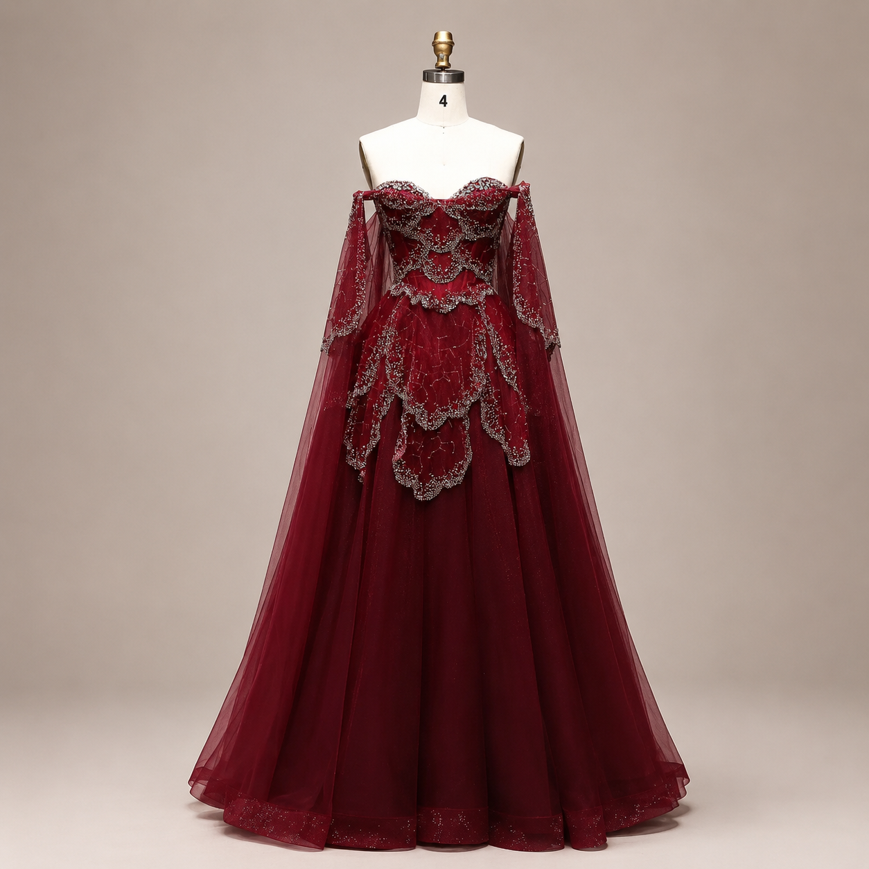 Elegant Burgundy Off-Shoulder Beaded Cape Ball Gown Evening Dress SL121
