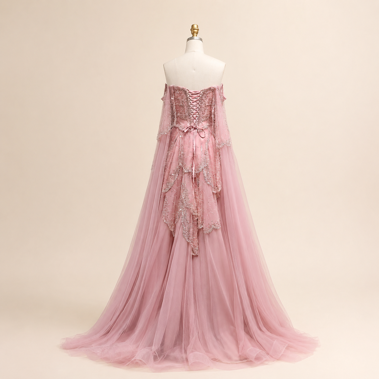 Elegant Burgundy Off-Shoulder Beaded Cape Ball Gown Evening Dress SL121