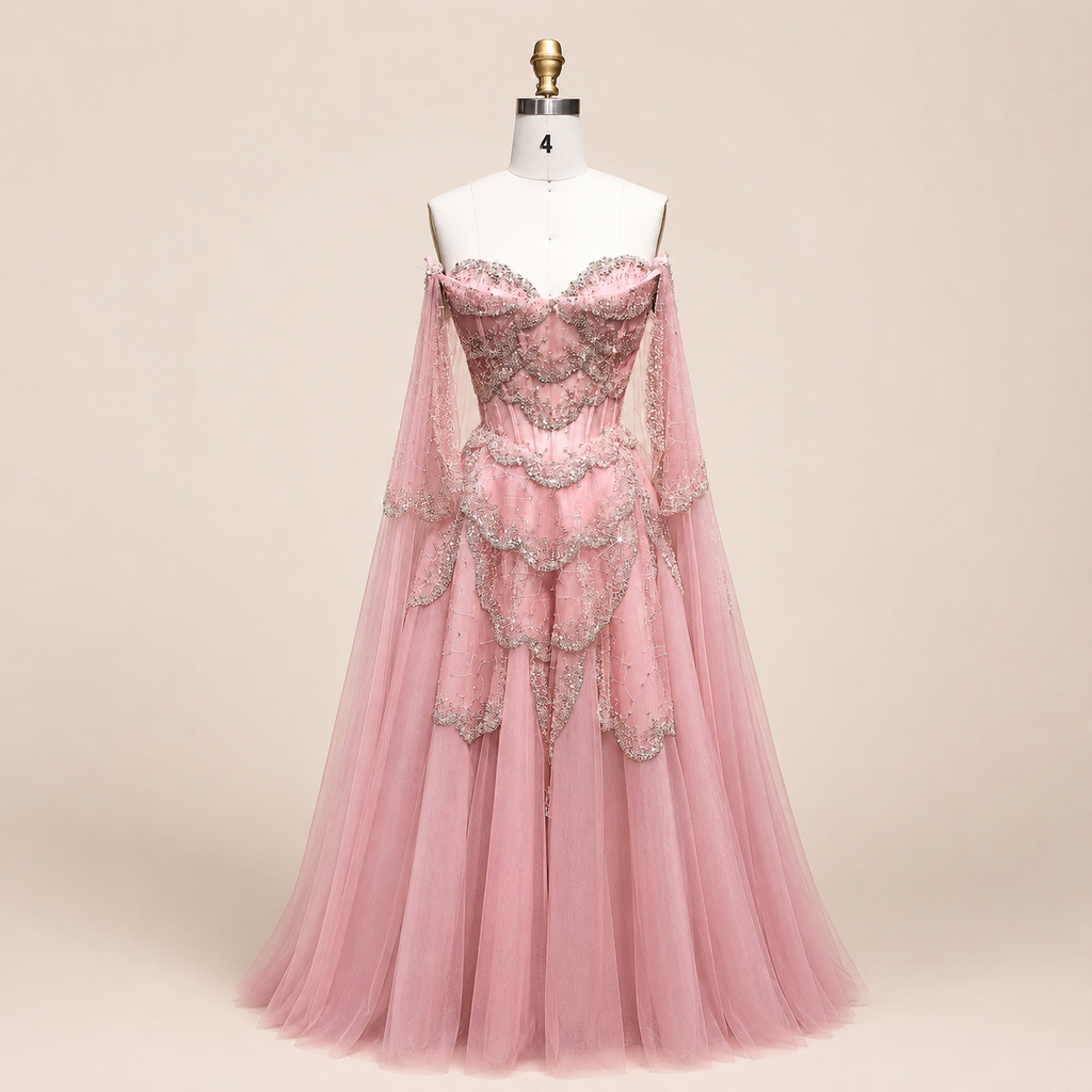 Elegant Burgundy Off-Shoulder Beaded Cape Ball Gown Evening Dress SL121