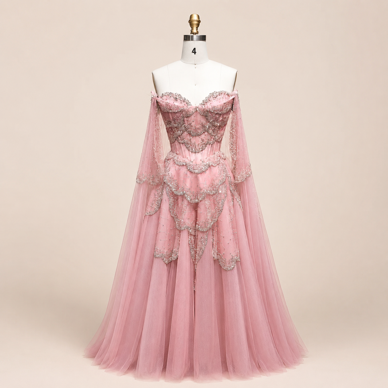 Elegant Burgundy Off-Shoulder Beaded Cape Ball Gown Evening Dress SL121