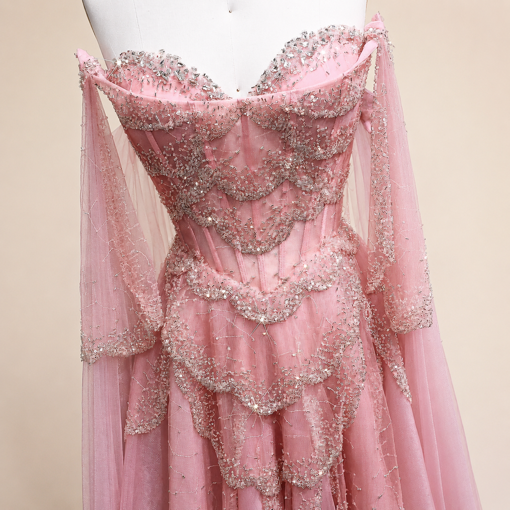 Elegant Burgundy Off-Shoulder Beaded Cape Ball Gown Evening Dress SL121