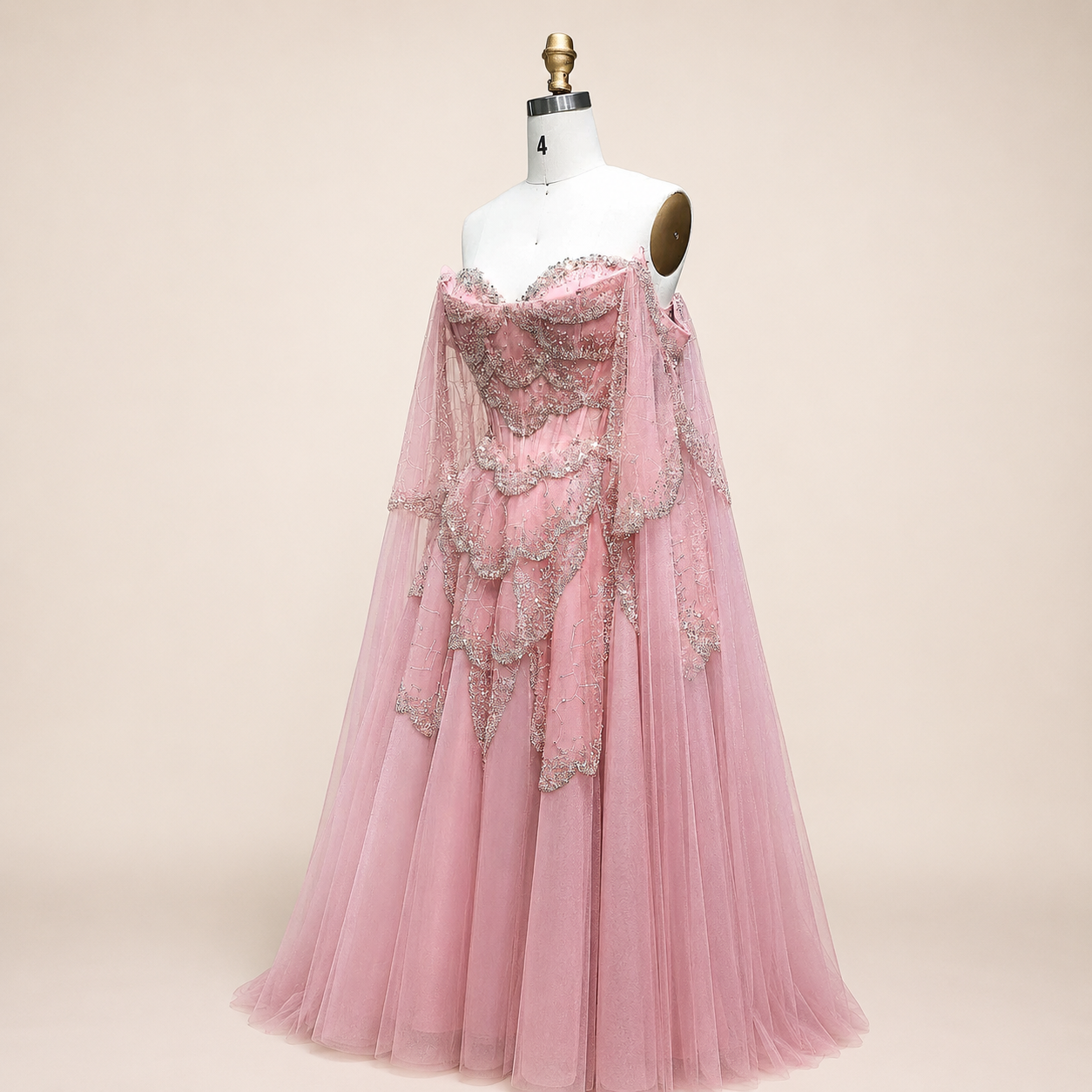 Elegant Burgundy Off-Shoulder Beaded Cape Ball Gown Evening Dress SL121