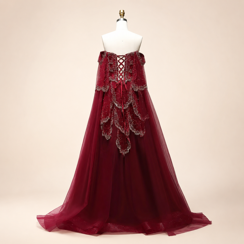 Elegant Burgundy Off-Shoulder Beaded Cape Ball Gown Evening Dress SL121