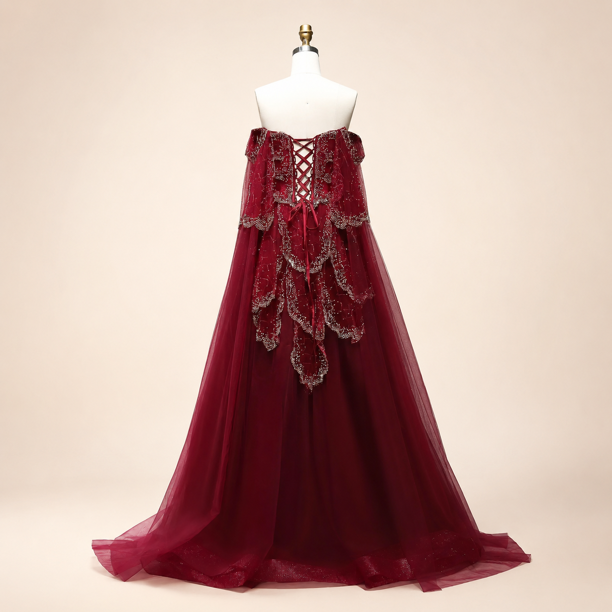 Elegant Burgundy Off-Shoulder Beaded Cape Ball Gown Evening Dress SL121