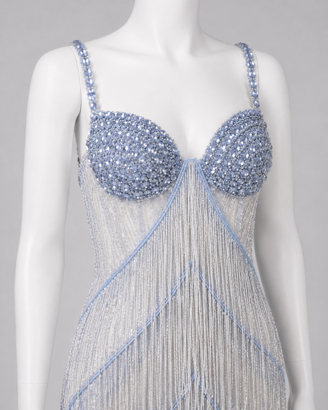 Dreamy Silver Blue Beaded Fringe Gown for Elegant Evening Dress SL123