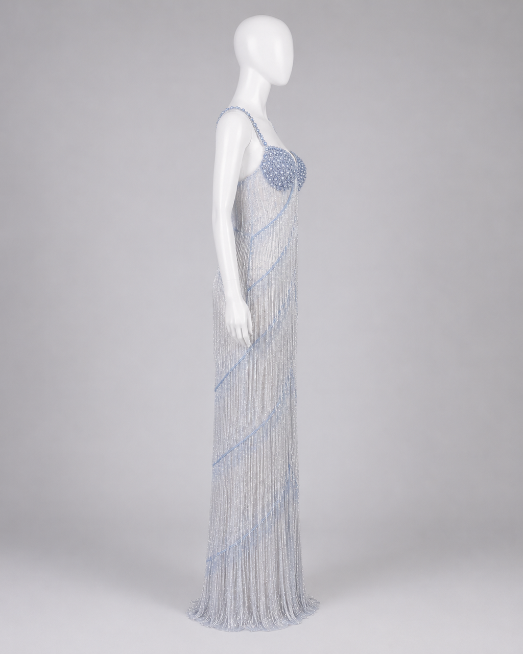 Dreamy Silver Blue Beaded Fringe Gown for Elegant Evening Dress SL123