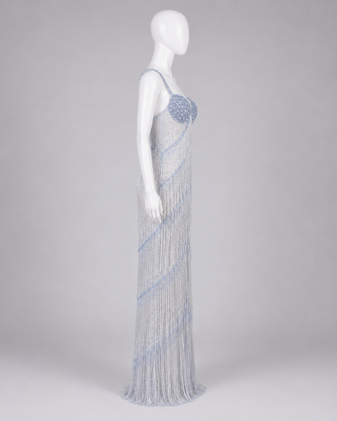 Dreamy Silver Blue Beaded Fringe Gown for Elegant Evening Dress SL123