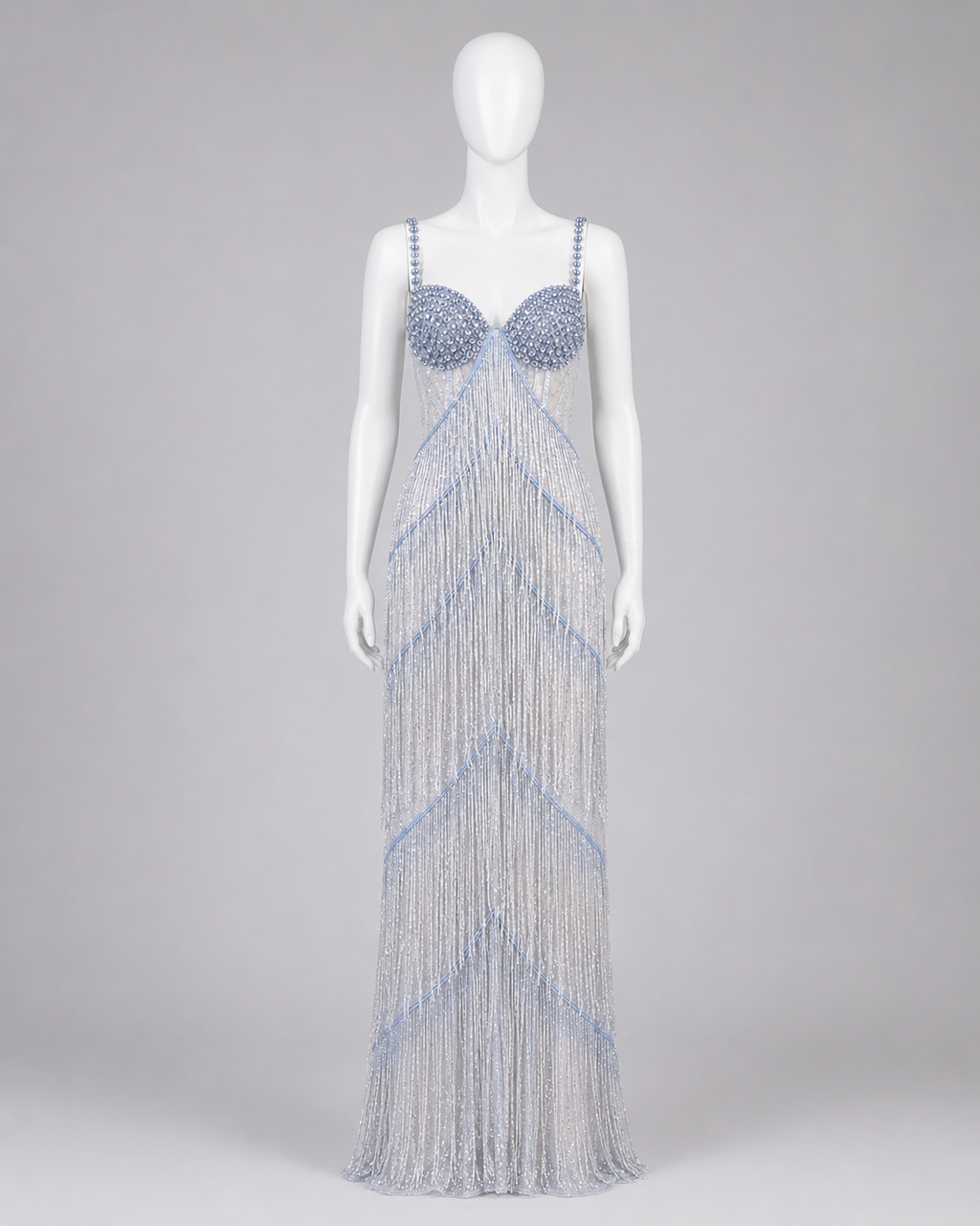 Dreamy Silver Blue Beaded Fringe Gown for Elegant Evening Dress SL123