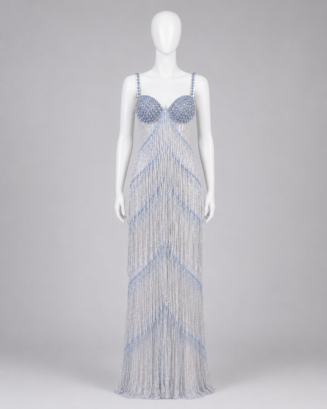 Dreamy Silver Blue Beaded Fringe Gown for Elegant Evening Dress SL123
