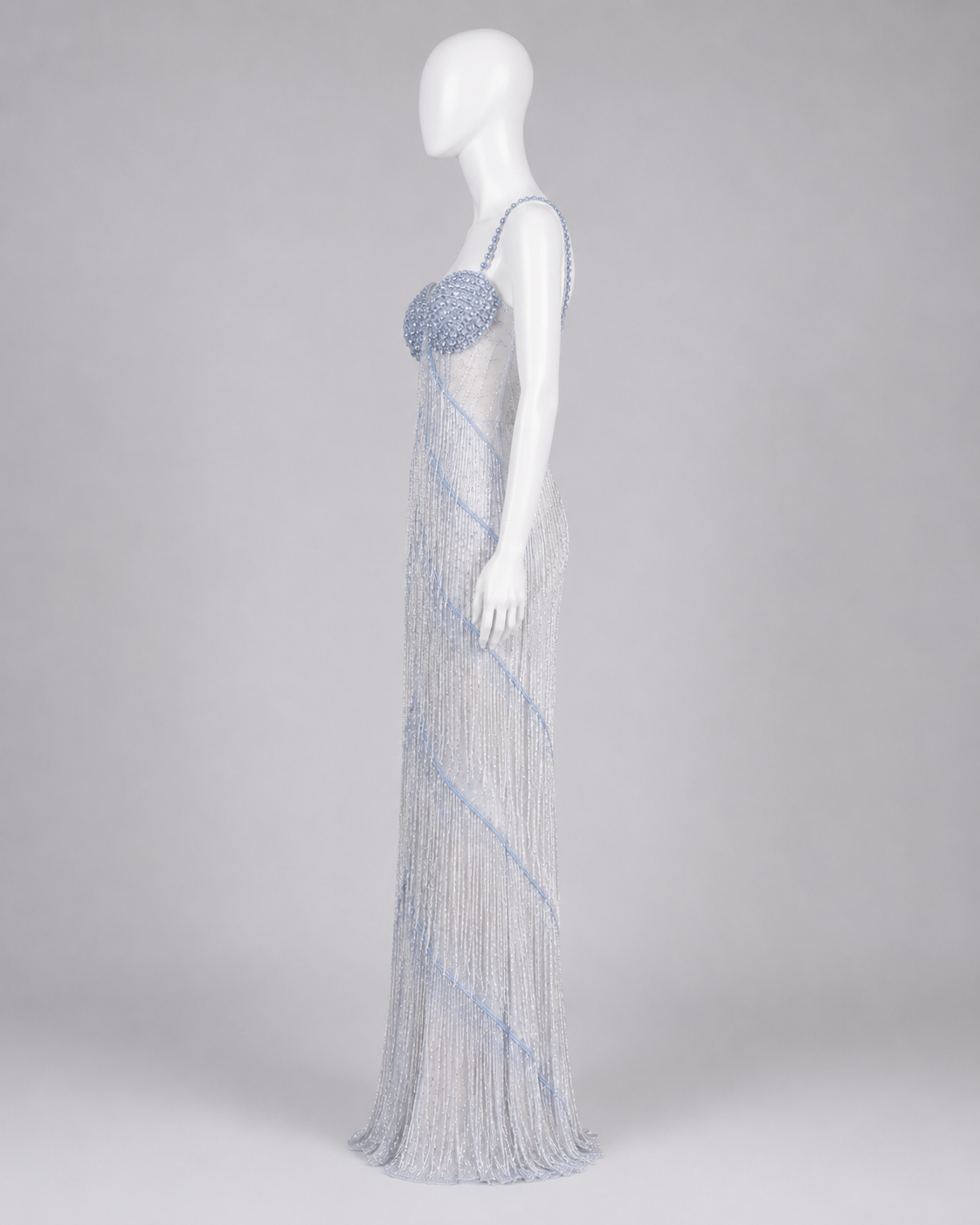 Dreamy Silver Blue Beaded Fringe Gown for Elegant Evening Dress SL123