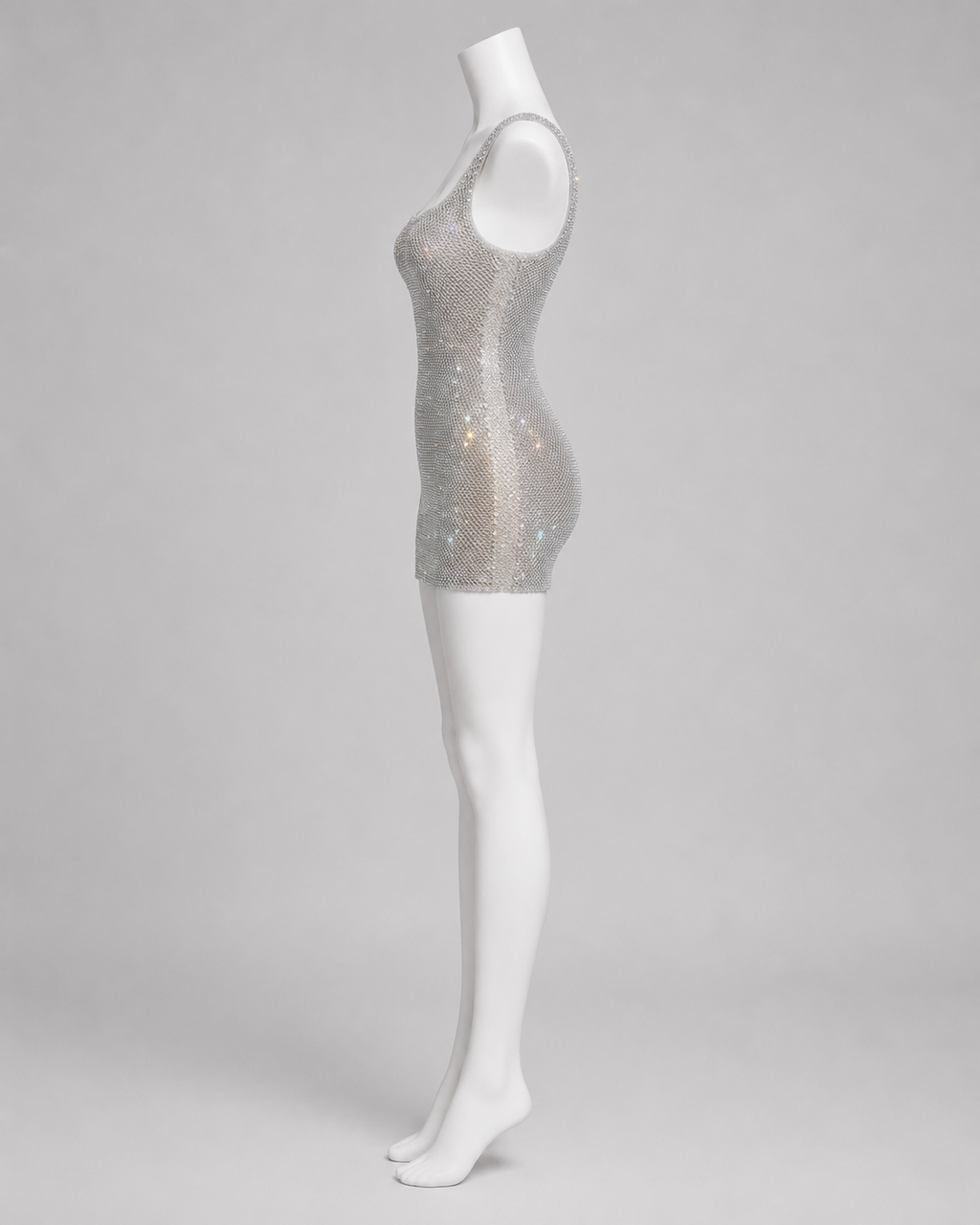Sparkling Silver Rhinestone Mesh Mini Dress SL125