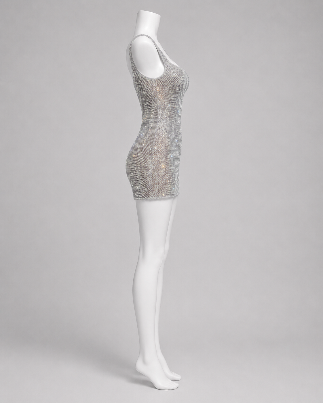 Sparkling Silver Rhinestone Mesh Mini Dress SL125