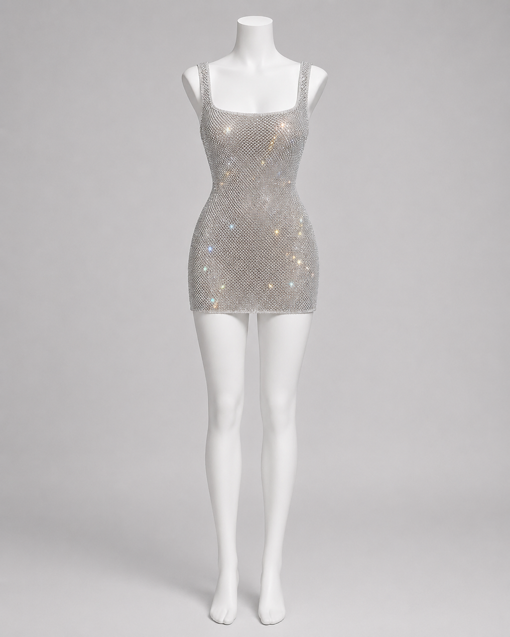 Sparkling Silver Rhinestone Mesh Mini Dress SL125