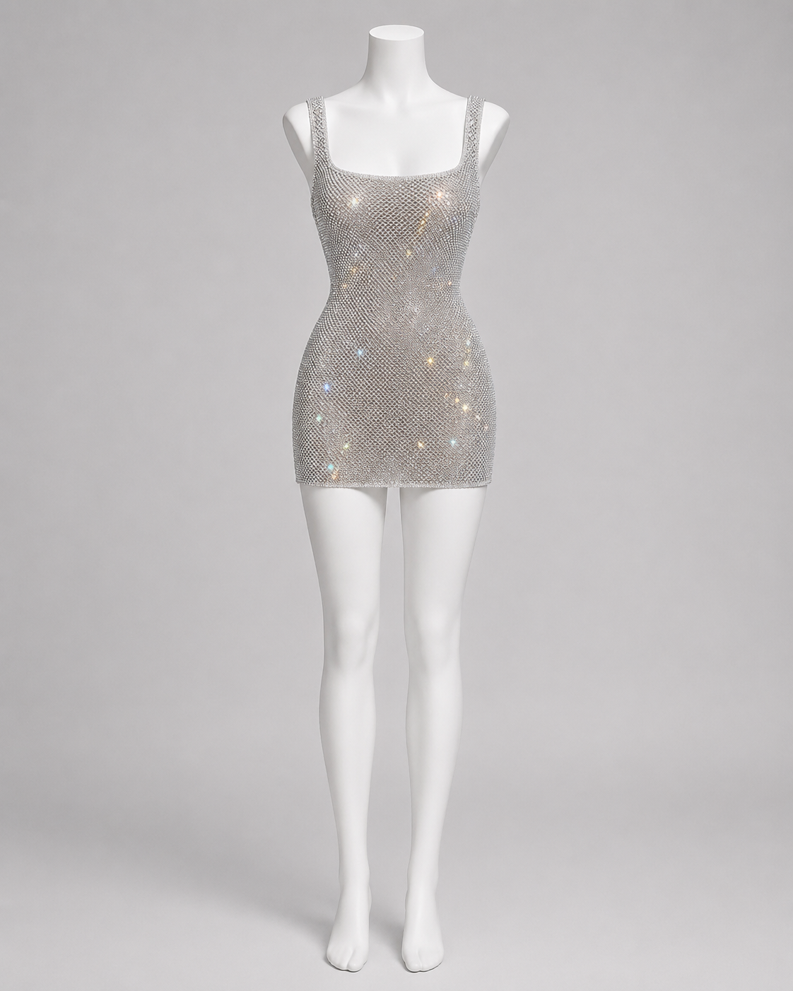 Sparkling Silver Rhinestone Mesh Mini Dress SL125