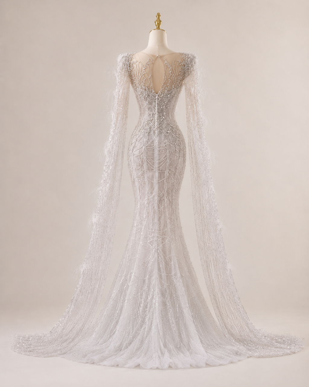 Luxury Silver Beaded Mermaid Wedding Dress with Feather Cape Sleeves SL130