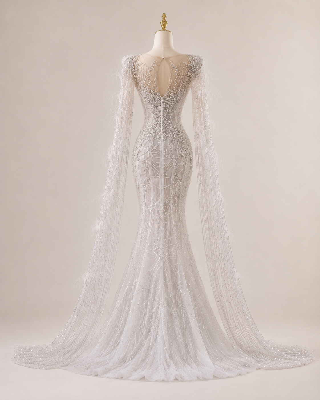 Luxury Silver Beaded Mermaid Wedding Dress with Feather Cape Sleeves SL130
