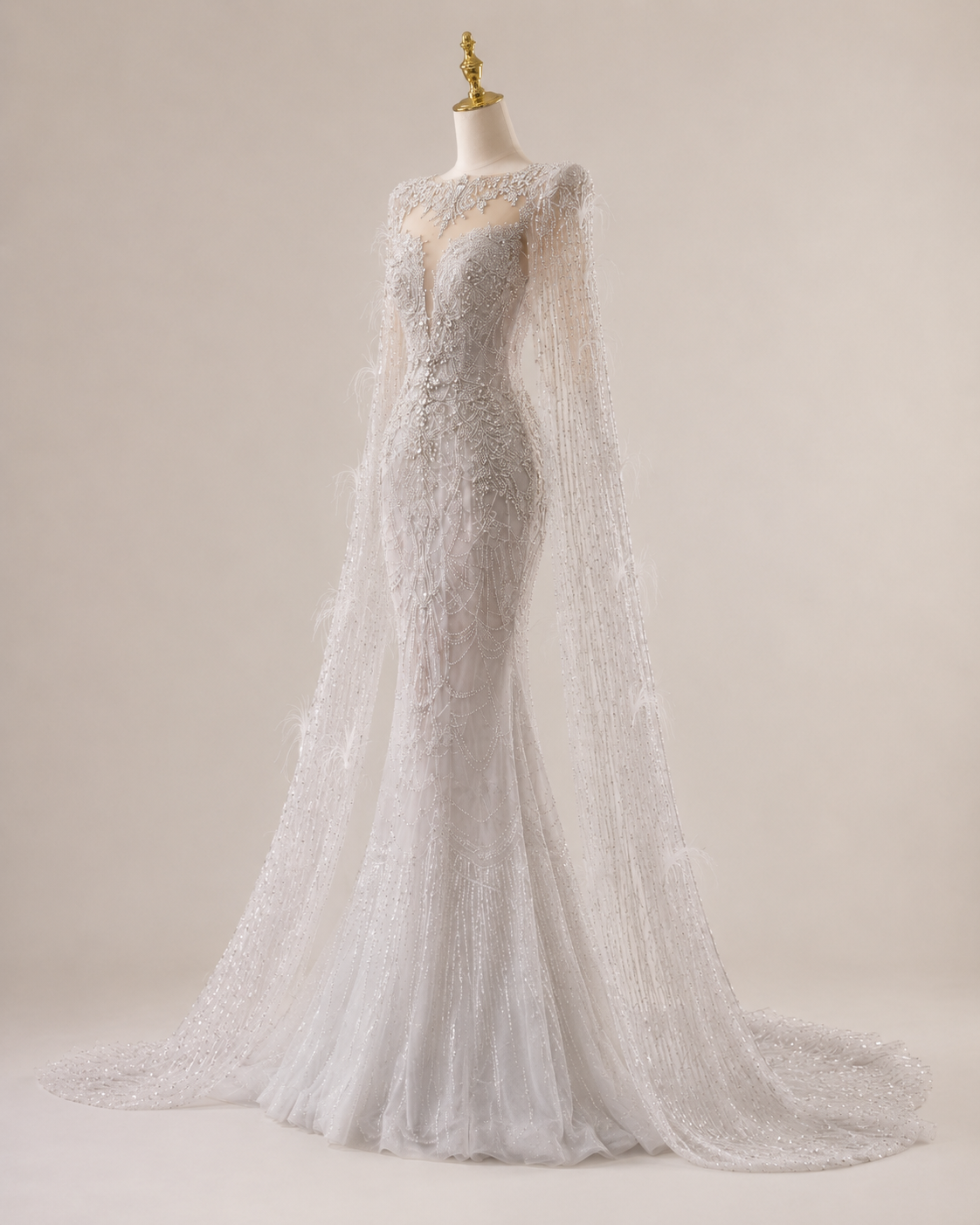 Luxury Silver Beaded Mermaid Wedding Dress with Feather Cape Sleeves SL130