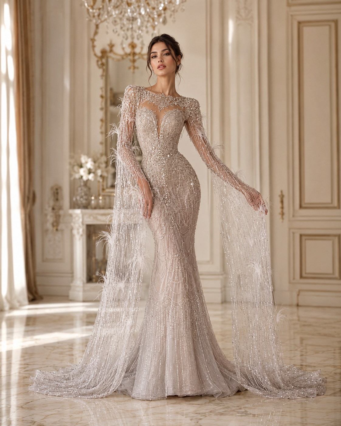Luxury Silver Beaded Mermaid Wedding Dress with Feather Cape Sleeves SL130