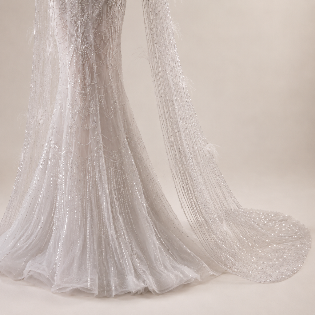 Luxury Silver Beaded Mermaid Wedding Dress with Feather Cape Sleeves SL130