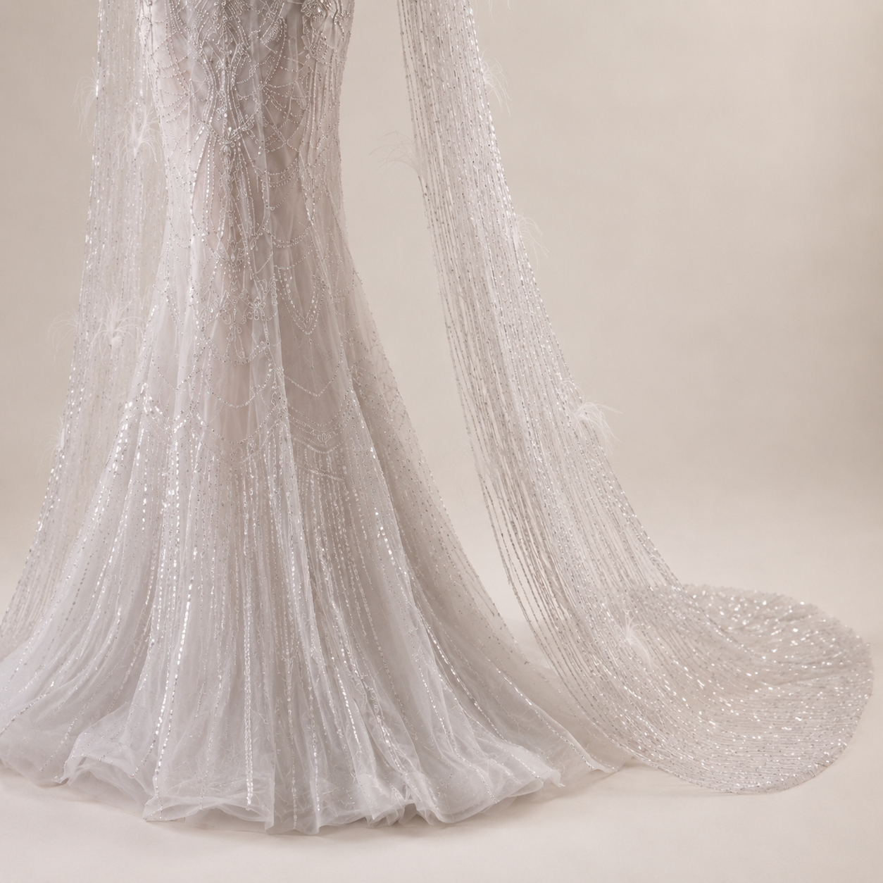 Luxury Silver Beaded Mermaid Wedding Dress with Feather Cape Sleeves SL130