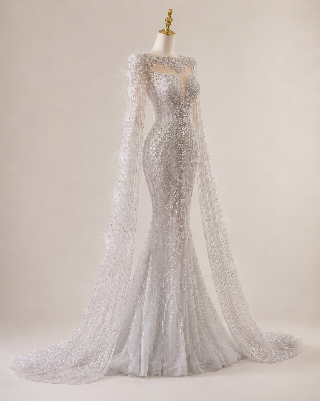 Luxury Silver Beaded Mermaid Wedding Dress with Feather Cape Sleeves SL130