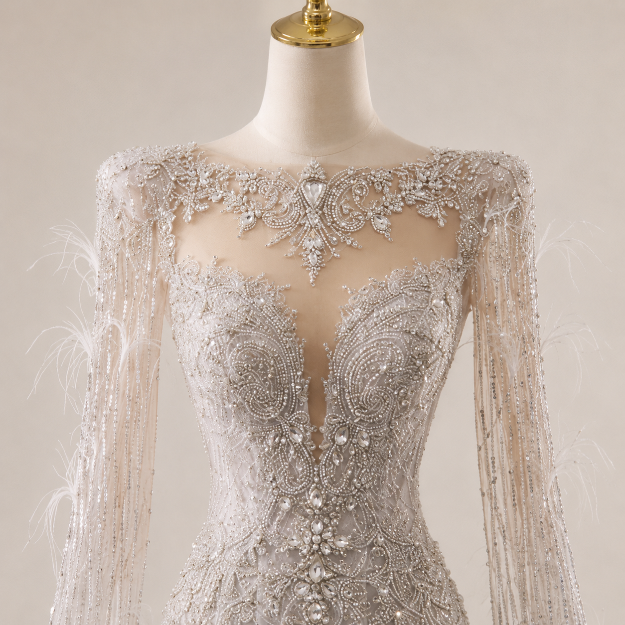 Luxury Silver Beaded Mermaid Wedding Dress with Feather Cape Sleeves SL130