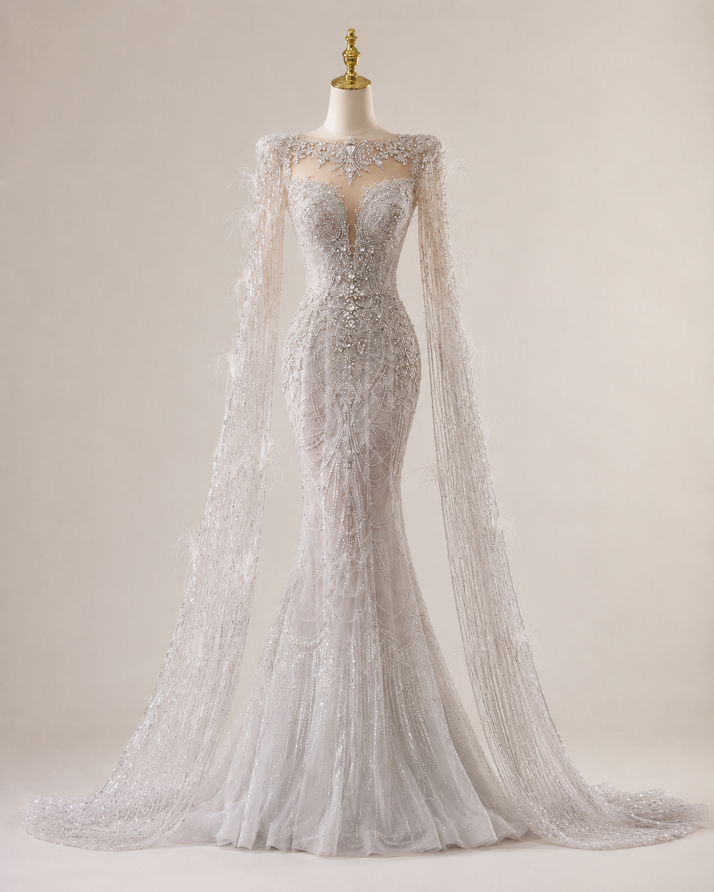 Luxury Silver Beaded Mermaid Wedding Dress with Feather Cape Sleeves SL130