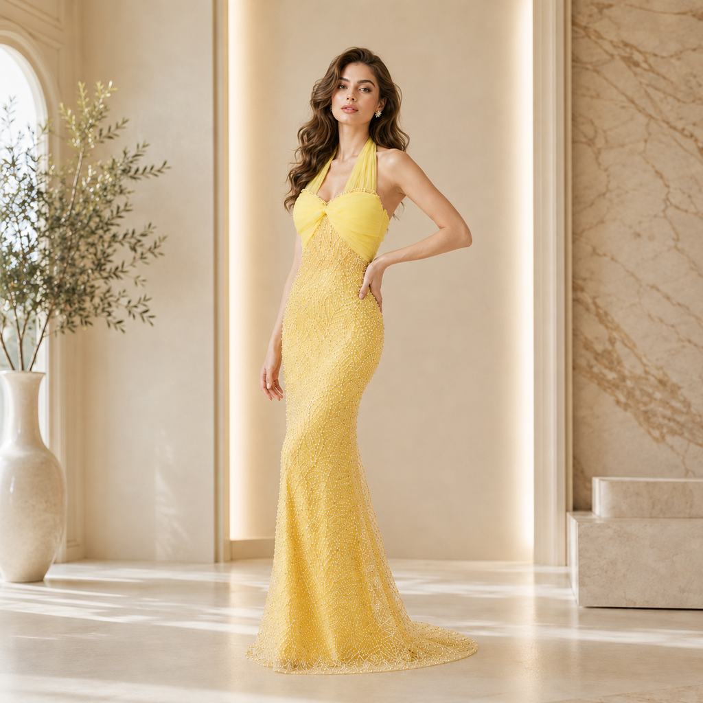 Lemon Yellow Halter Beaded Formal Evening Dress with Tulle Bow Bodice SL132