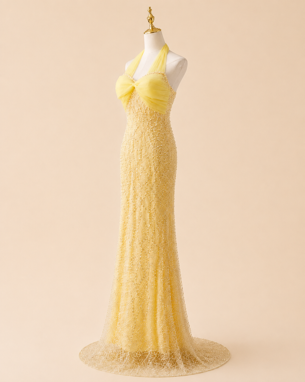 Lemon Yellow Halter Beaded Formal Evening Dress with Tulle Bow Bodice SL132