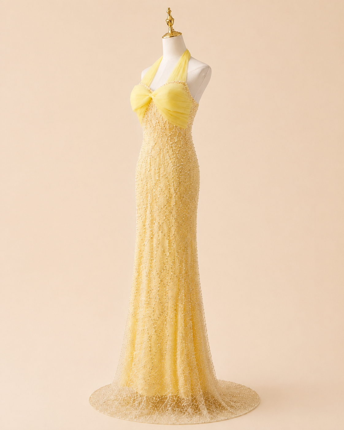 Lemon Yellow Halter Beaded Formal Evening Dress with Tulle Bow Bodice SL132